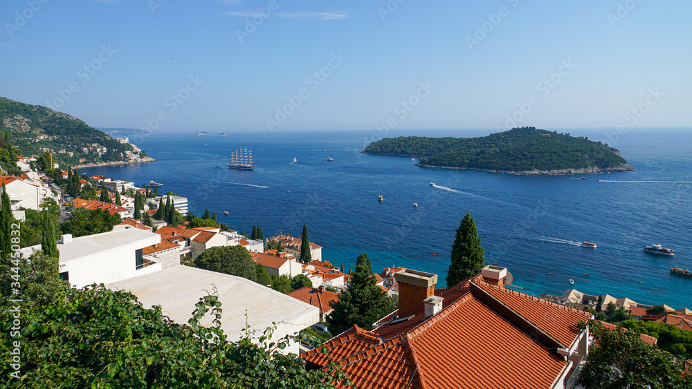 Panorama of the south-eastern part of the city of Dubrovnik, the Adriatic, the island of Lokrum