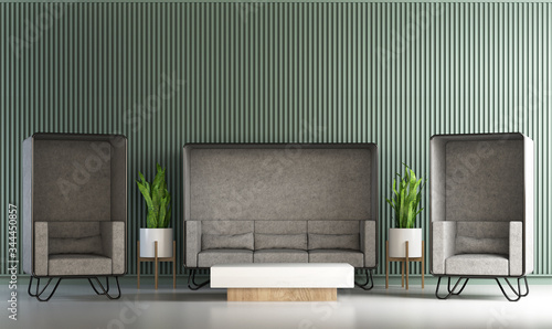 New normal of living room interior design and green wood wall background