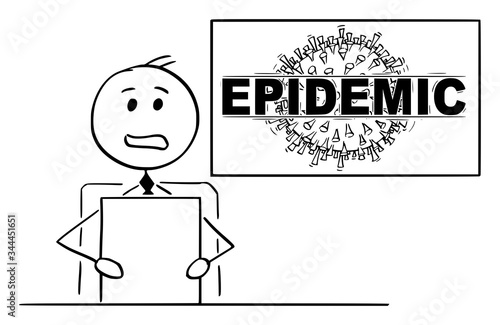 Vector cartoon stick figure drawing conceptual illustration of newscaster or newsreader in television studio talking about coronavirus COVID-19 epidemic disease.