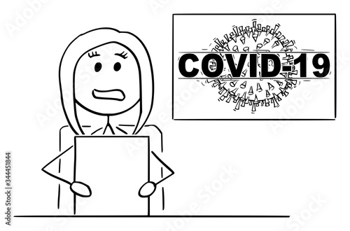 Vector cartoon stick figure drawing conceptual illustration of female newscaster or newsreader in television studio talking about coronavirus COVID-19 epidemic disease.