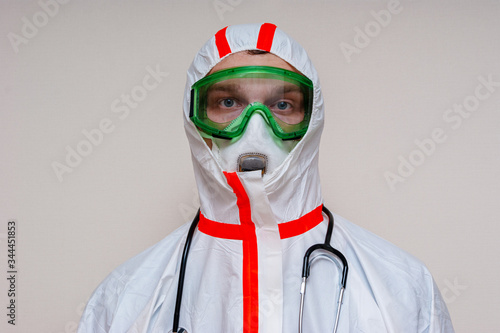 the doctor takes off or puts on a protective suit