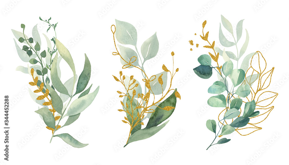 Watercolor floral illustration collection green and gold leaf bouquet