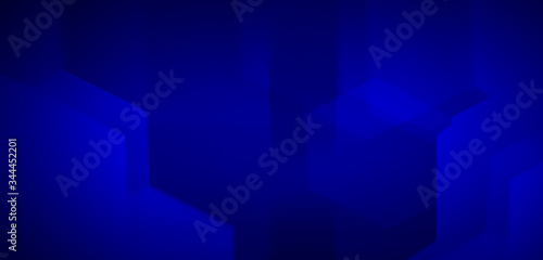 Abstract dark blue background with blurry geometric hexagonal elements.