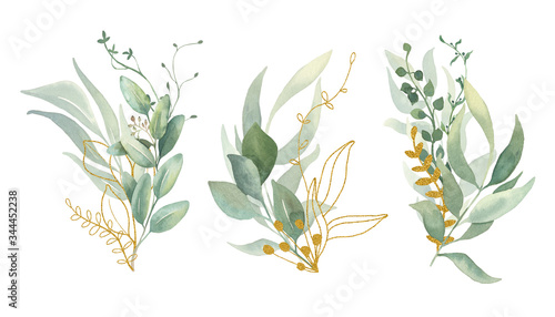 Fototapeta Naklejka Na Ścianę i Meble -  Watercolor floral illustration collection- green and gold leaf bouquet collection, for wedding stationary, greetings, wallpapers, background. Gold and green leaves.