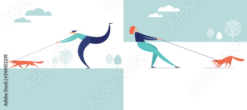 Pet owners with dog on leash.  Dog walking
. Vector illustrations,  flat style .