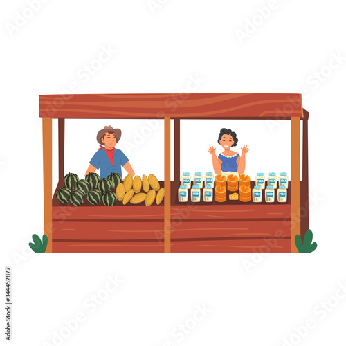 Farmers Selling Fresh Fruits and Dairy Products on Wooden Stall at Marketplace Vector Illustration