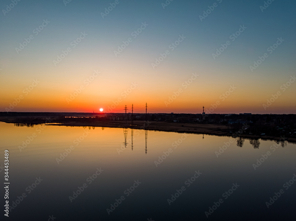 Beautiful shore riverside Lielupe photo with late sunset. Photo taken in Europe, Latvia.