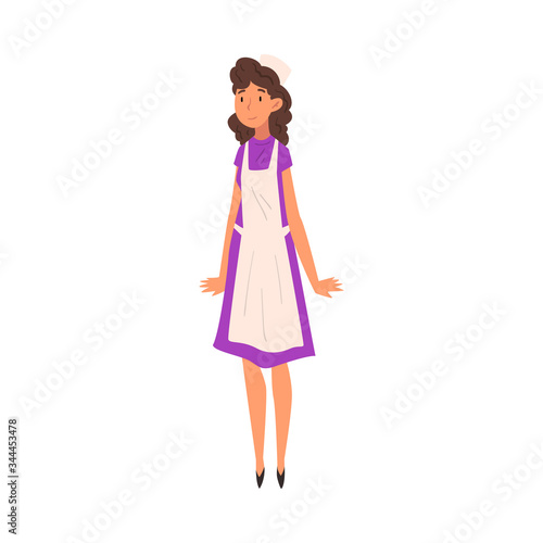 Cheerful Woman in Apron, Saleswoman Character in Apron and Cap Vector Illustration