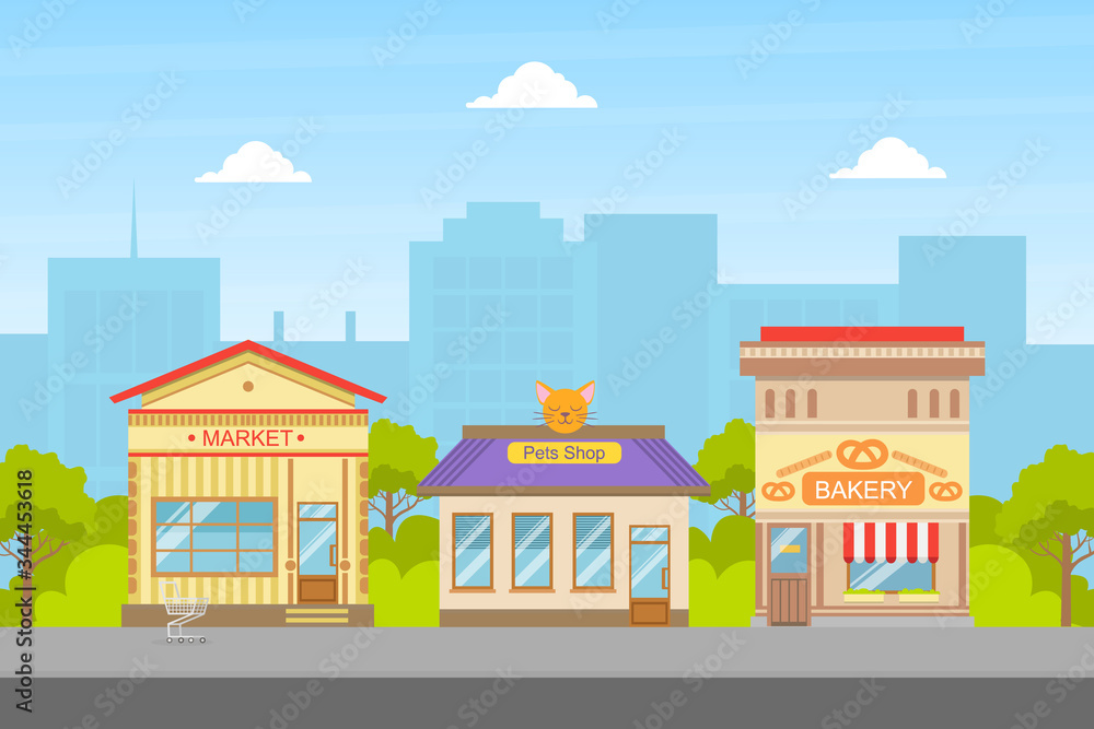 Market, Pets Shop, Bakery Buildings Facades, View of City Street, Urban Summer Landscape Vector Illustration