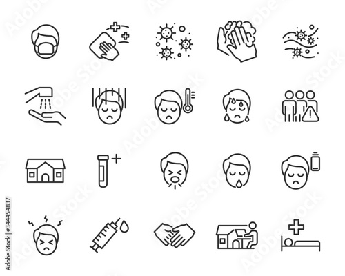 set of coronavirus icons, virus, ill, bloodtest, social distancing, prevention