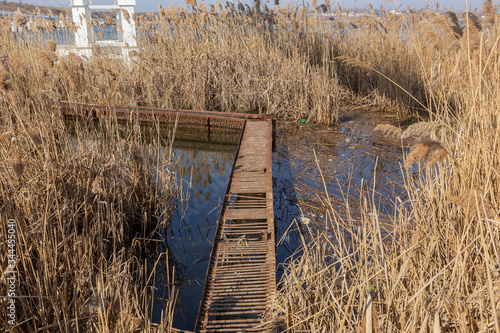 Old broken rusty bridge in the reeds for fishermen. Rusty metal