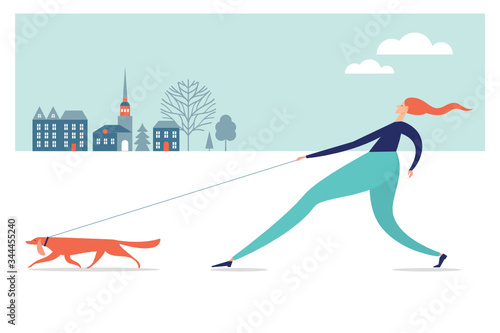 Pet owners with dog on leash. Dog walking . Vector illustrations, flat style .