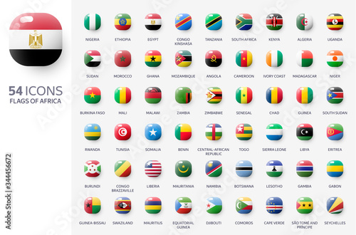 Realistic 3d glossy icons of African countries, African flags. Vector illustration
