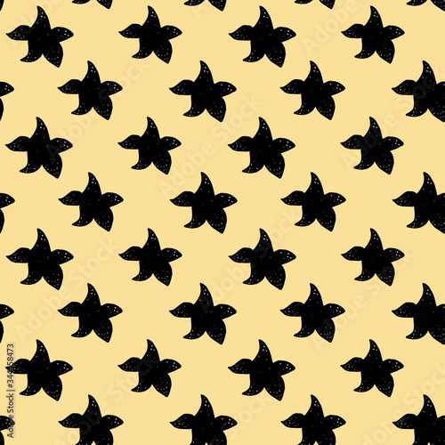 Black starfish yellow seamless pattern. Vector