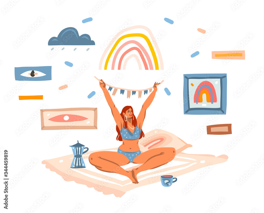 Hand drawn vector abstract stock graphic illustration with young happy female with flags waiting for a party at home ,with flags garland isolated on white background Hand drawn vector abstract stock graphic illustration with young happy female with flags waiting for a party at home ,with flags garland isolated on white background