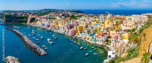 Panoramic view of Corricella village, Procida, Naples, Italy