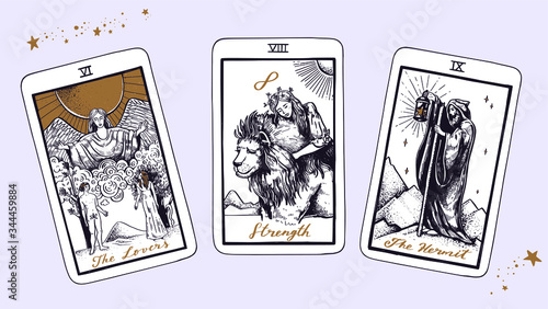 Magic Tarot deck vector background with major arcana. Occult and fortune telling concept. Vector hand drawn vintage style