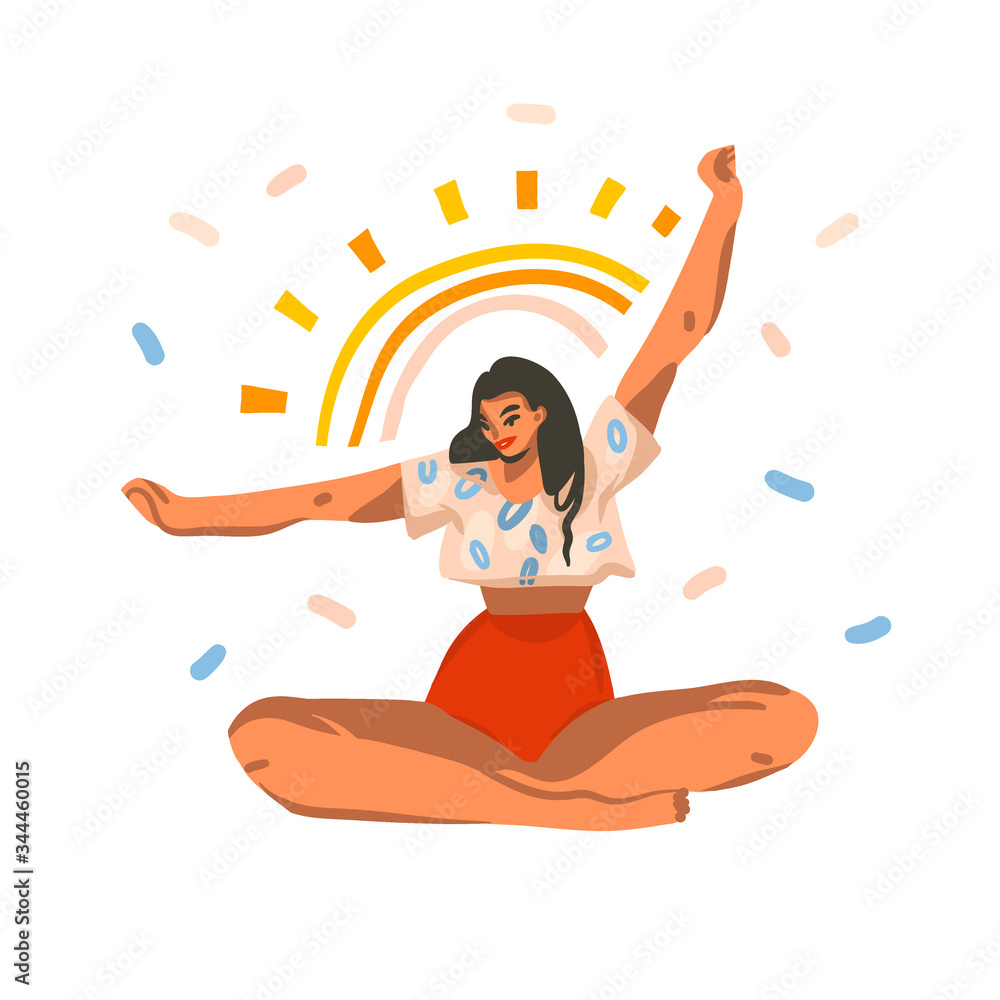Hand drawn vector abstract stock graphic illustration with young smiling happy female have morning stretches yoga at home with confetti isolated on white background - obrazy, fototapety, plakaty 