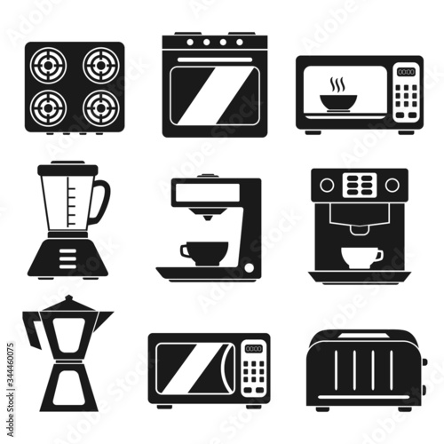 Kitchen appliances kitchenware vector icon set, icons such as oven, microwave, toaster, coffee maker and others