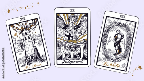 Magic Tarot deck vector background with major arcana. Occult and fortune telling concept. Vector hand drawn vintage style