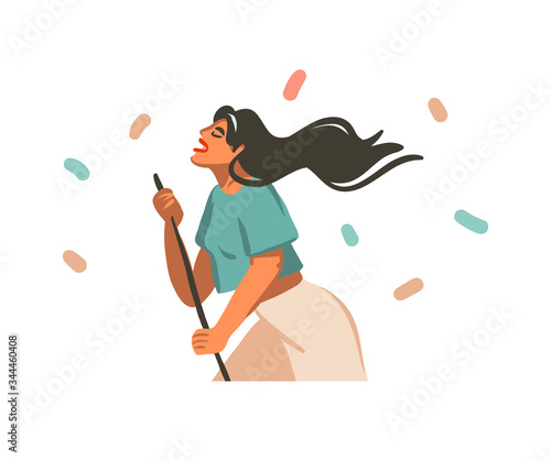 Hand drawn vector abstract stock graphic illustration with young happy female mop the floor and sing dance at home isolated on white background