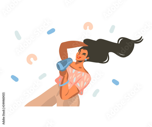Hand drawn vector abstract stock graphic illustration with young happy female dries hair ,with a hairdryer and dances at home and abstract confetti isolated on white background.