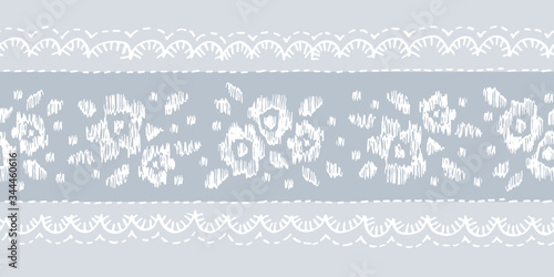 Crewel Embroidery Floral Lace Needlework Vector Seamless Pattern Horizontal Border . Hand Drawn Traditional Flower Print. Classic English Craft Linen Background for Fashion, Textiles, Home Decor