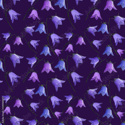 seamless pattern with bellflowers campanula flowers on a purple background. Summer floral background in gouache. holidays presents and gifts wrapping paper. For textiles, packaging, fabric, wallpaper