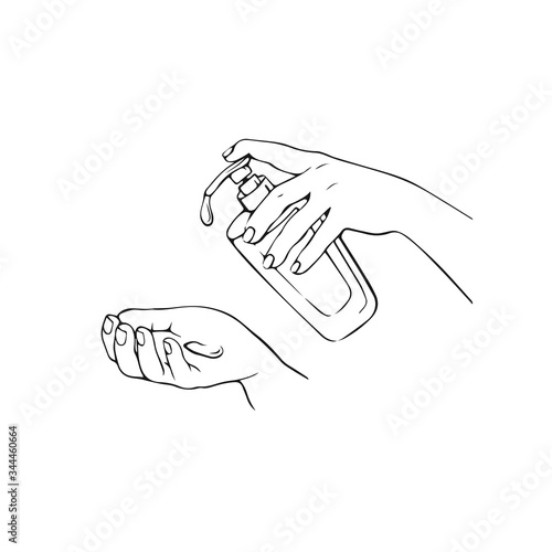 Disinfection of hands. Hand-drawn vector illustration . alcohol gel bottle for cleaning and disinfection. Hand press disinfectant. Vector illustration