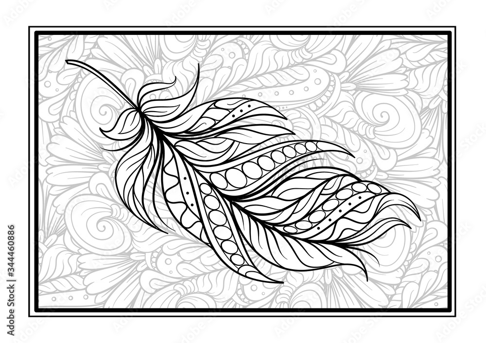 Ethnic style feather black and white antistress coloring card Ethnic style feather black and white antistress coloring card