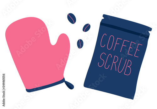 Home spa tools. Coffee scrub and glove for body anti cellulite massage. Modern doodle style vector illustration isolated on white background. 