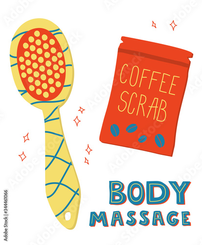 Home spa tools and lettering "Body massage". Coffee scrub and brush for body anti cellulite massage. Modern doodle style vector illustration isolated on white background. 