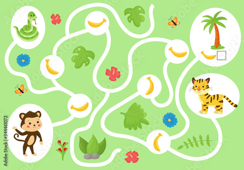 Educational maze game for preschool children. Help the monkey collect all the bananas. Count and write. Cute kawaii jungle animals and plants.