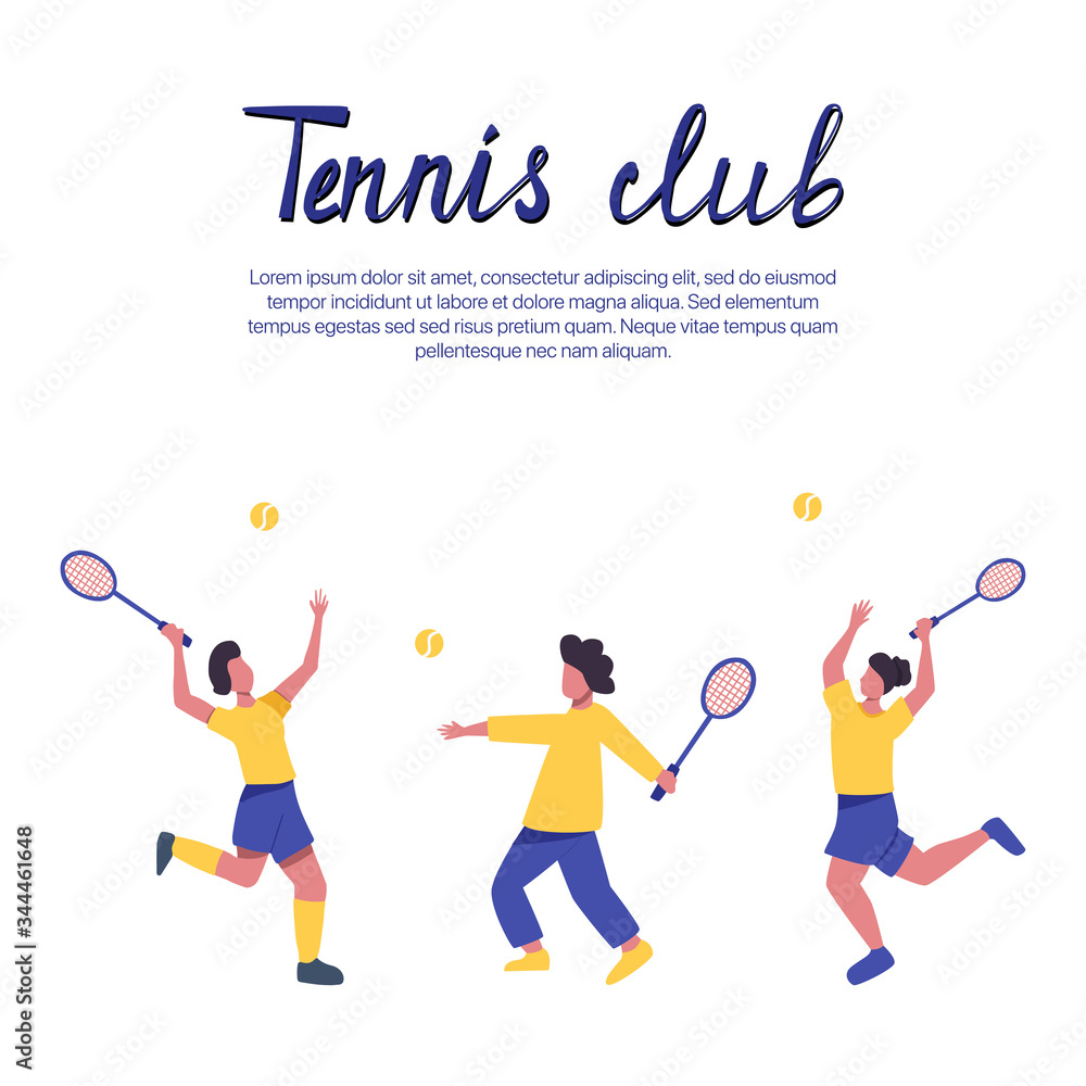 Girls in sports clothes playing tennis vector flat illustration with text space.