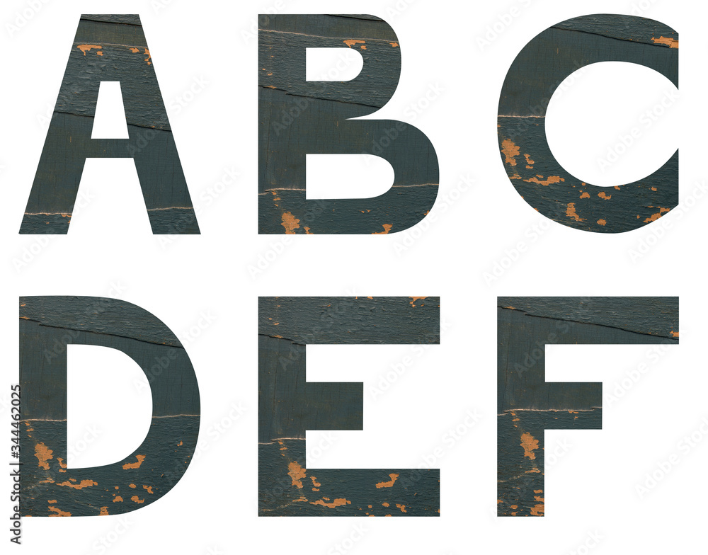 Isolated set of Font English or Latin Letters ABCDEF made of old peeling paint wooden board with cracks on white background Isolated set of Font English or Latin Letters ABCDEF made of old peeling paint wooden board with cracks on white background