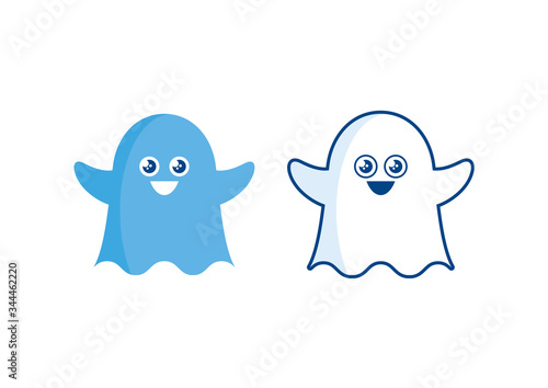Cheerful spook icon set vector. Cute ghost icon vector. Happy spook cartoon character. White and blue ghost simple icon set