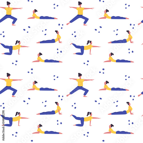 Girl doing yoga vector flat seamless pattern. Active recreation, healthy lifestyle, pilates, meditation background. Yoga studio card design.