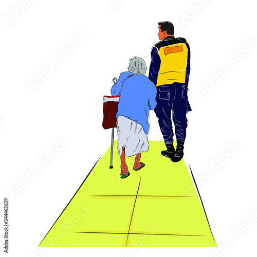Colorful Simple Conceptual Vector Illustration, Security or Police Helping old Woman Walking into her destination
