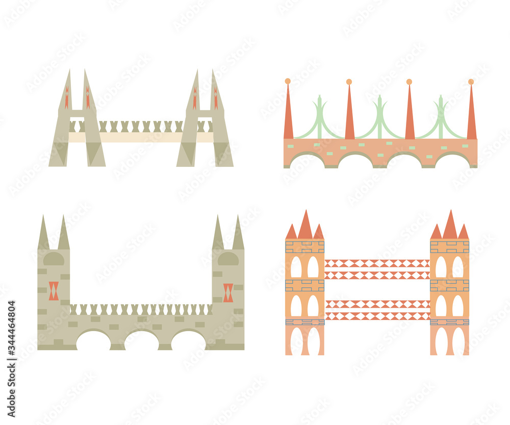 Set of bridges in flat style, four vector objects on a white background v