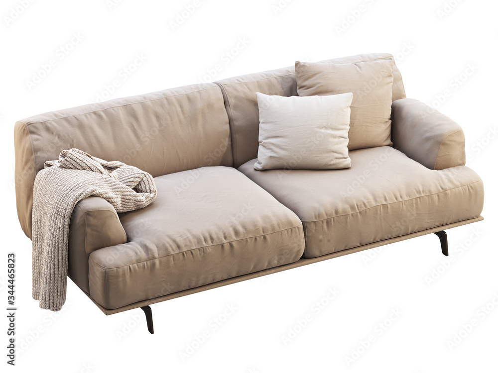 Modern beige fabric sofa with pillows and knitted blanket. 3d render. Modern beige fabric sofa with pillows and knitted blanket. 3d render.