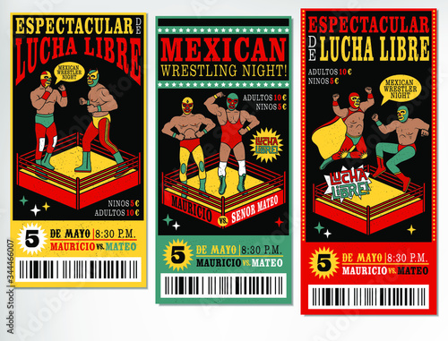 Set of vintage Lucha Libre tickets. Vectr illustration.
(Espectacular de Lucha Libre-Spectacular Fight; Adultos, Ninos- adults, children;Mayo-May) photo
