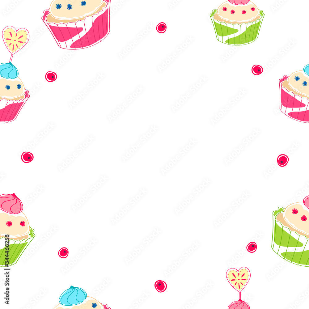 Decorative frame of cupcakes isolated on white background. Banner template with copy space. Happy holidays! Seamless pattern of cakes and baking. Festive texture. Decorative frame of cupcakes isolated on white background. Banner template with copy space. Happy holidays! Seamless pattern of cakes and baking. Festive texture.