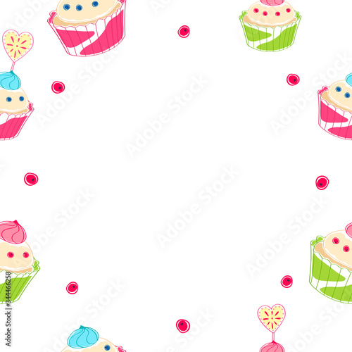 Decorative frame of cupcakes isolated on white background. Banner template with copy space. Happy holidays! Seamless pattern of cakes and baking. Festive texture. © ethno4ka