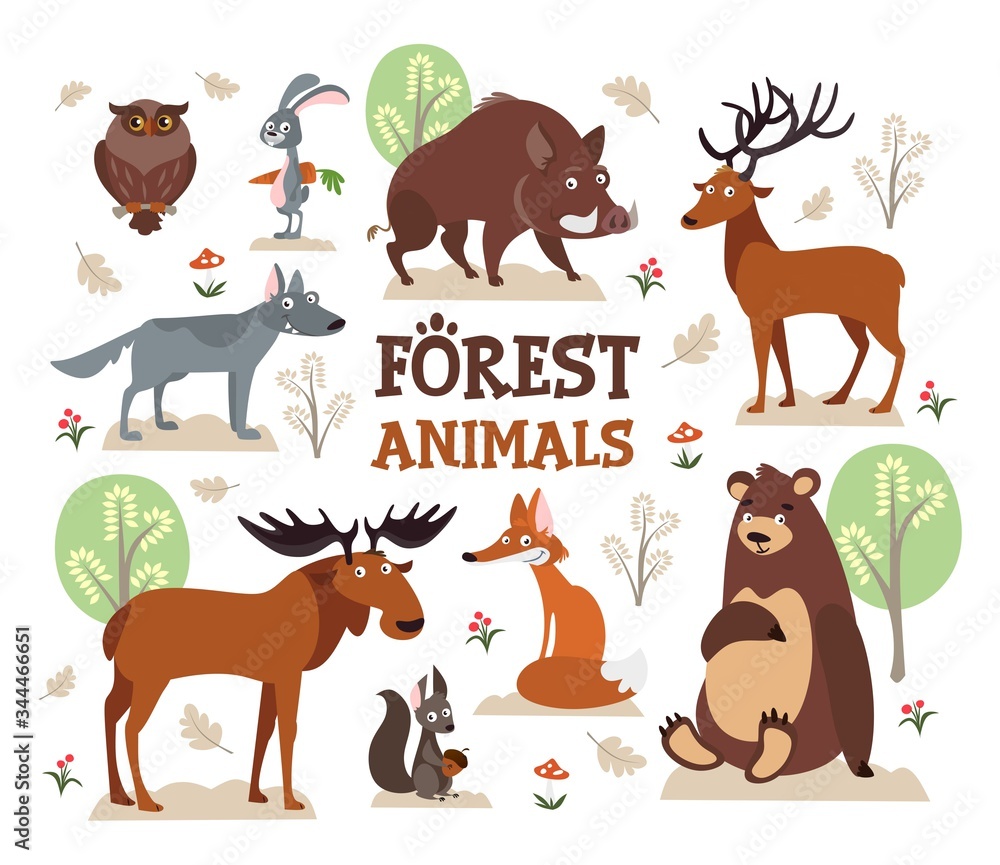 Set of cute animals and nature environment vector illustration. Creatures on freedom among trees and greenery flat style. Owl boar and wolf on white background. Wildlife concept Set of cute animals and nature environment vector illustration. Creatures on freedom among trees and greenery flat style. Owl boar and wolf on white background. Wildlife concept