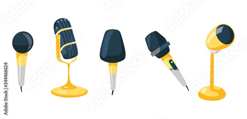 Set of different microphones with gold design vector illustration. Equipment for record broadcasting or public speaking and promotion flat style. Isolated on white