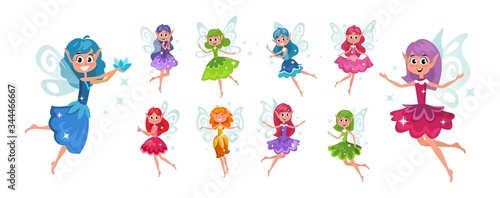 Set of cute fairies with bright colourful hair vector illustration. Flying creatures with beautiful wings and sparkles. Elf princesses in flat style on white background. Magic concept