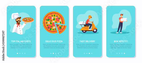 Pizza delivery service concept onboarding screens template. Cook, pizza, scooter, deliveryman.