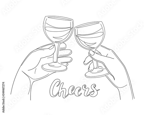 Two hands with glasses of wine clink glasses and the inscription Cheers on a white background fashion trend in one line