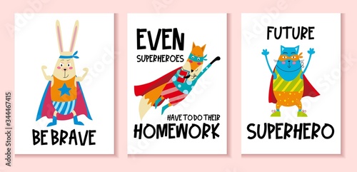 Set of cute posters with animals and text vector illustration. Be brave and future superhero lettering flat style. Bunny fox and cat. Inspiration concept. Isolated on pink