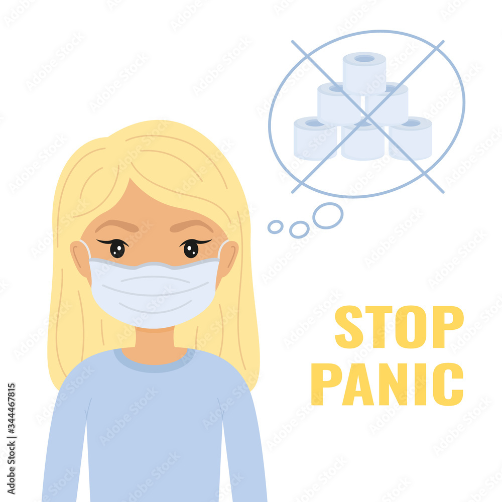 People in medical masks. Woman think about toilet paper.  The inscription 